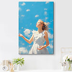 Tableaux Femme en robe blanche avec les bras en l'air