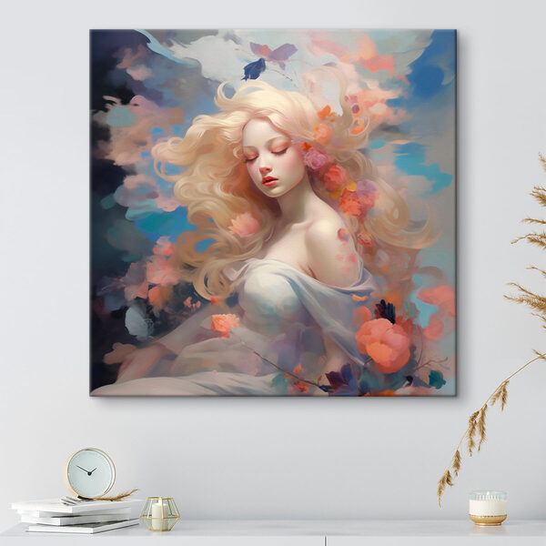 Femme aux longs cheveux blonds avec des fleurs dans les cheveux Tableaux Femme aux longs cheveux blonds avec des fleurs dans les cheveux
