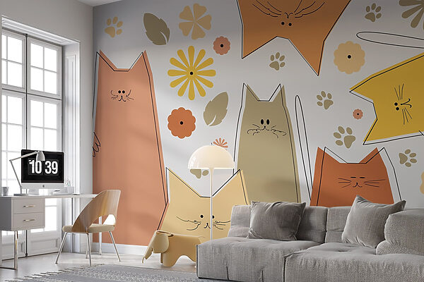 Groupe de chats et de fleurs Papier peint Groupe de chats et de fleurs