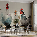 Papier peint Groupe de poulets aux plumes rouges et blanches