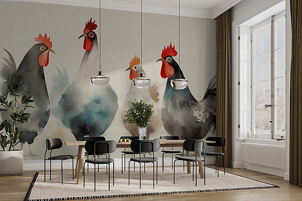 Groupe de poulets aux plumes rouges et blanches Papier peint Groupe de poulets aux plumes rouges et blanches