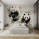 Papier peint Couple de pandas dans l'herbe
