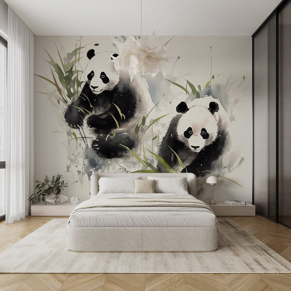 Couple de pandas dans l'herbe Papier peint Couple de pandas dans l'herbe