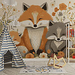 Papier peint Renard et bébé renard assis dans les fleurs