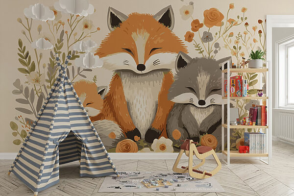 Renard et bébé renard assis dans les fleurs Papier peint Renard et bébé renard assis dans les fleurs