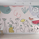 Papier peint Animaux de dessin animé tenant des fruits