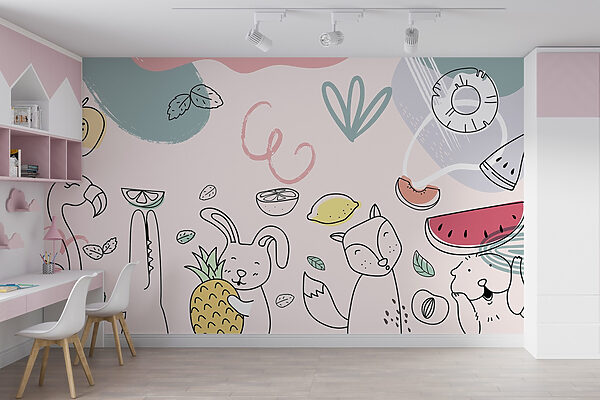 Animaux de dessin animé tenant des fruits Papier peint Animaux de dessin animé tenant des fruits