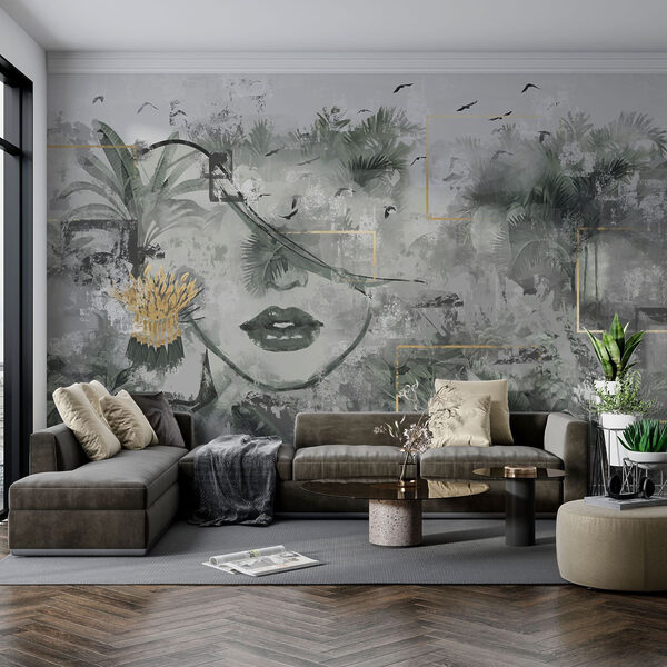 Papier peint Peinture d'un visage de femme et de plantes