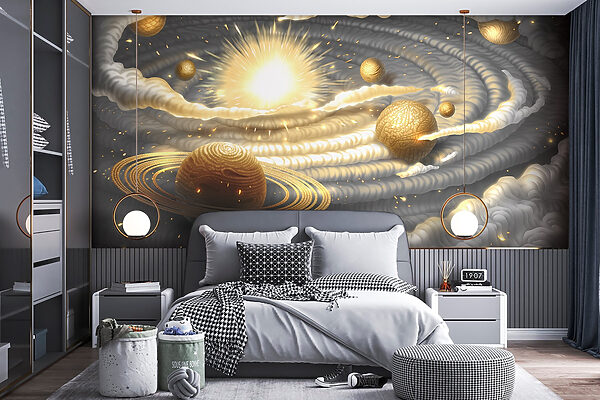 Planète avec des anneaux et des étoiles dans le ciel Papier peint Planète avec des anneaux et des étoiles dans le ciel