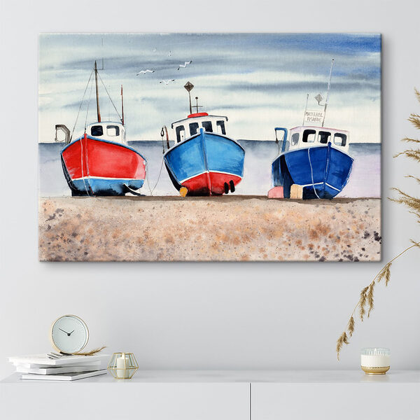 Aquarelle de bateaux sur une plage Tableaux Aquarelle de bateaux sur une plage