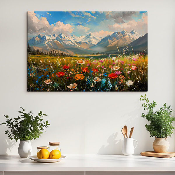 Champ de fleurs avec des montagnes en arrière-plan Tableaux Champ de fleurs avec des montagnes en arrière-plan