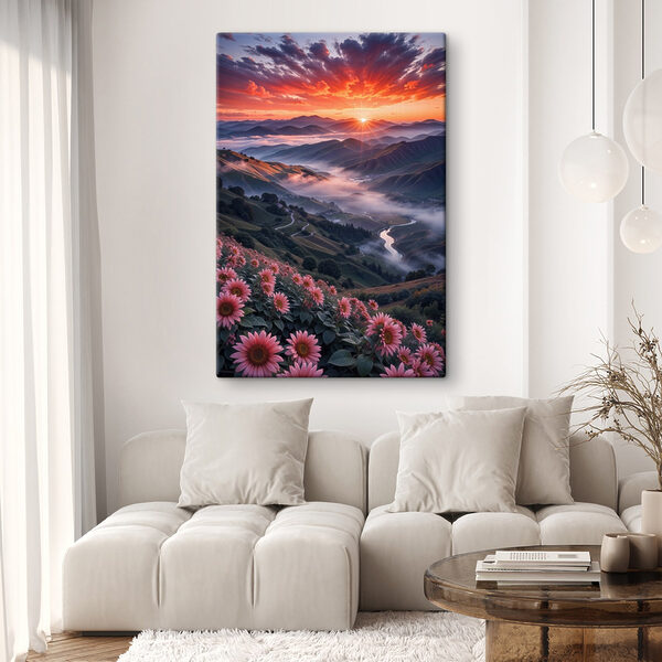 Vallée avec des fleurs et une rivière Tableaux Vallée avec des fleurs et une rivière