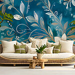 Papier peint Motif floral serein sur fond bleu