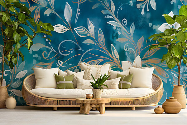 Motif floral serein sur fond bleu Papier peint Motif floral serein sur fond bleu