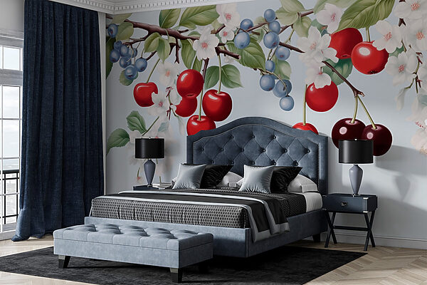 Cerise et myrtille sur une branche Papier peint Cerise et myrtille sur une branche