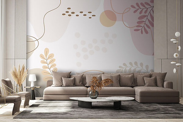 Fond blanc avec des feuilles et des cercles roses et orange Papier peint Fond blanc avec des feuilles et des cercles roses et orange