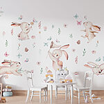 Papier peint Groupe de lapins avec des fleurs et des papillons