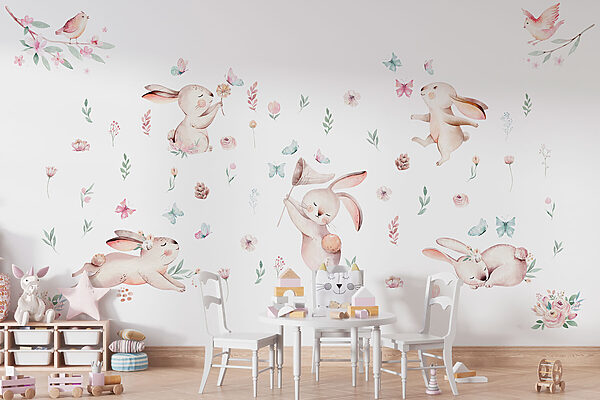 Groupe de lapins avec des fleurs et des papillons Papier peint Groupe de lapins avec des fleurs et des papillons