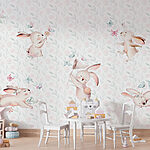 Papier peint Motif de lapins et de papillons aquarellés