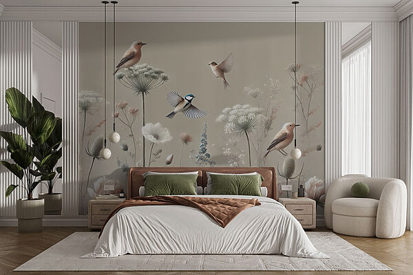 Oiseaux sur les fleurs et les plantes Papier peint Oiseaux sur les fleurs et les plantes