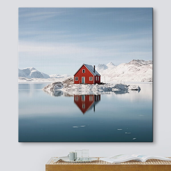 Maison rouge sur une île dans l'eau avec des montagnes enneigées en arrière-plan Tableaux Maison rouge sur une île dans l'eau avec des montagnes enneigées en arrière-plan