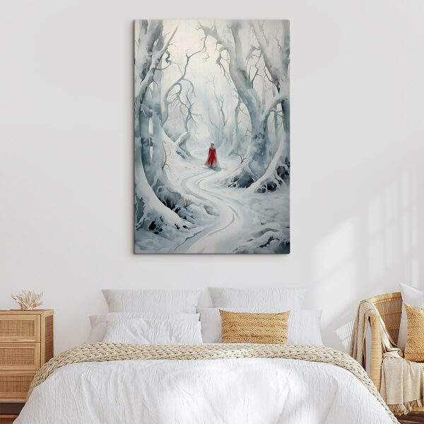Personne vêtue d'une cape rouge marchant dans une forêt enneigée Tableaux Personne vêtue d'une cape rouge marchant dans une forêt enneigée