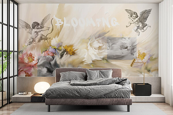 Peinture d'anges avec un arc et des flèches tirant des fleurs Papier peint Peinture d'anges avec un arc et des flèches tirant des fleurs
