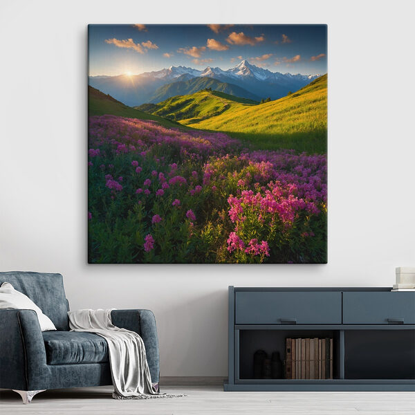 Champ de fleurs avec des montagnes en arrière-plan Tableaux Champ de fleurs avec des montagnes en arrière-plan