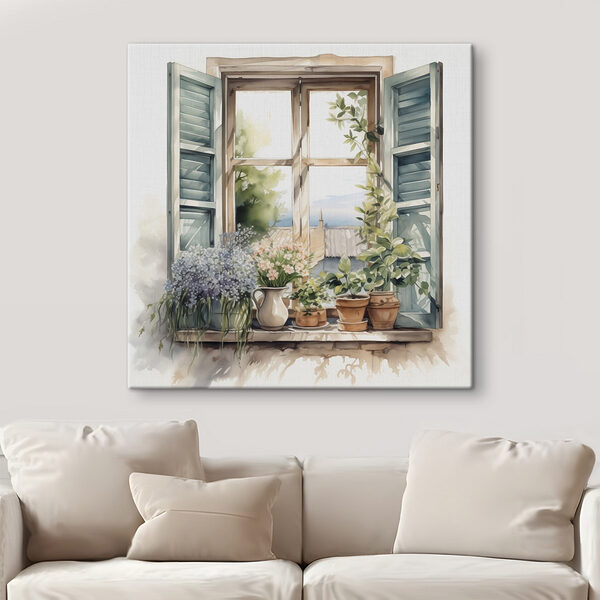 Aquarelle d'une fenêtre avec des plantes en pot Tableaux Aquarelle d'une fenêtre avec des plantes en pot