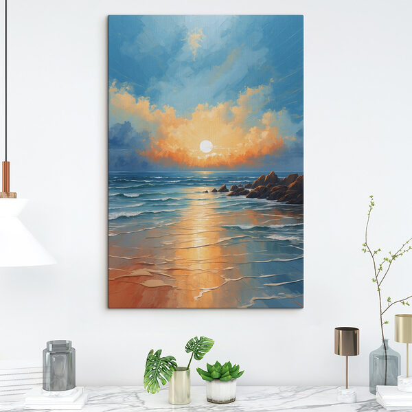 Peinture d'une plage avec des rochers, de l'eau et le soleil Tableaux Peinture d'une plage avec des rochers, de l'eau et le soleil
