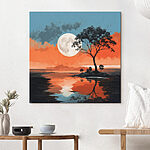 Tableaux Arbre sur une île au milieu d'un plan d'eau avec la pleine lune en arrière-plan