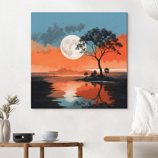 Arbre sur une île au milieu d'un plan d'eau avec la pleine lune en arrière-plan Tableaux Arbre sur une île au milieu d'un plan d'eau avec la pleine lune en arrière-plan