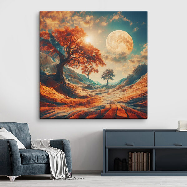 Paysage avec des arbres, des montagnes et une lune Tableaux Paysage avec des arbres, des montagnes et une lune