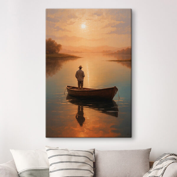 Homme debout dans un bateau sur un lac Tableaux Homme debout dans un bateau sur un lac