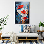 Tableaux Peinture de fleurs sur fond bleu et blanc