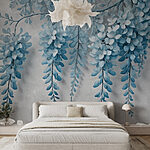 Papier peint Branche avec fleurs bleues