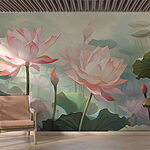 Papier peint Groupe de fleurs roses avec feuilles vertes