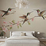 Papier peint Peinture de colibris sur une branche avec des fleurs