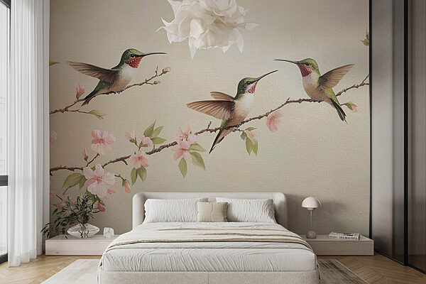 Peinture de colibris sur une branche avec des fleurs Papier peint Peinture de colibris sur une branche avec des fleurs