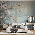 Papier peint Peinture d'une branche d'arbre avec des fleurs blanches