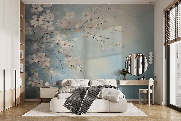 Peinture d'une branche d'arbre avec des fleurs blanches Papier peint Peinture d'une branche d'arbre avec des fleurs blanches