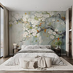 Papier peint Peinture d'une branche d'arbre avec des fleurs blanches