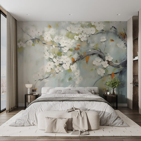 Peinture d'une branche d'arbre avec des fleurs blanches Papier peint Peinture d'une branche d'arbre avec des fleurs blanches