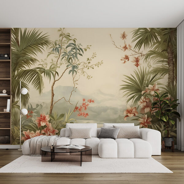 Papier peint avec des fleurs et des arbres Papier peint Papier peint avec des fleurs et des arbres
