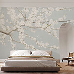 Papier peint Peinture d'un arbre avec des fleurs blanches