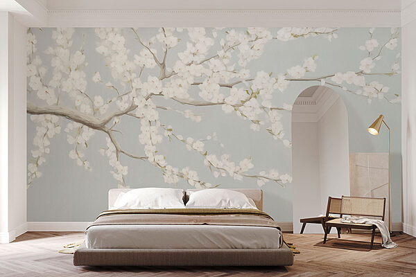 Papier peint Peinture d'un arbre avec des fleurs blanches