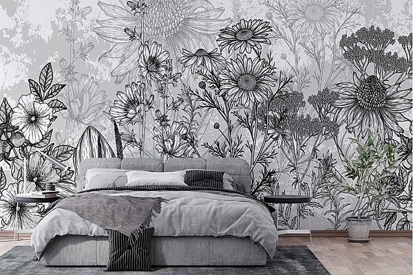 Image de fleurs en noir et blanc Papier peint Image de fleurs en noir et blanc