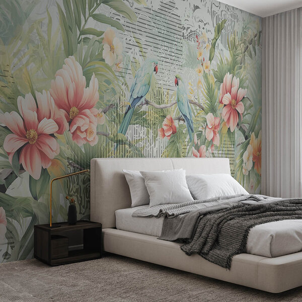 Oiseau sur une branche avec des fleurs Papier peint Oiseau sur une branche avec des fleurs