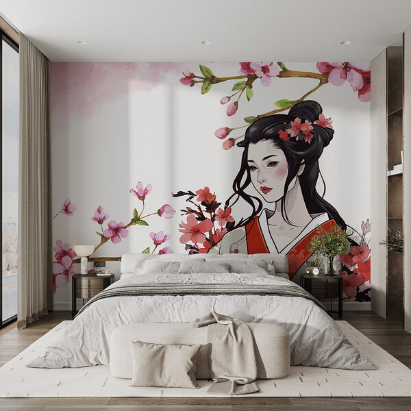 Femme en kimono avec des fleurs Papier peint Femme en kimono avec des fleurs