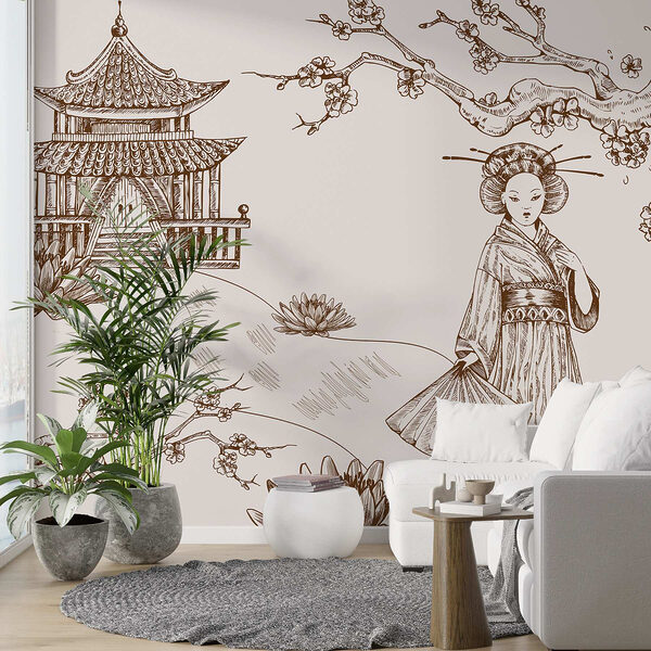 Dessin d'une femme en kimono Papier peint Dessin d'une femme en kimono